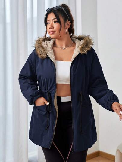 SHEIN EZwear معطف أزرق داكن سميك مبطن، كاجوال للشتاء