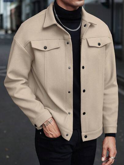 Manfinity CasualCool معطف طويل الأكمام كاجوال بأزرار أمامية وكتف منخفض للرجال للخريف