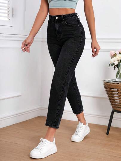 SHEIN Frenchy بنطلون جينز عادي مغسول ذو خصر عالي وقصة ضيقة