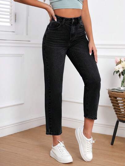 SHEIN Frenchy بنطلون جينز عادي مغسول ذو خصر عالي وقصة ضيقة