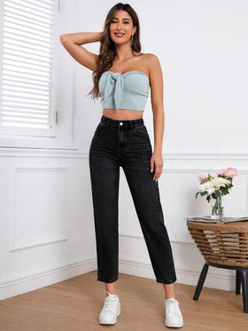 SHEIN Frenchy بنطلون جينز عادي مغسول ذو خصر عالي وقصة ضيقة