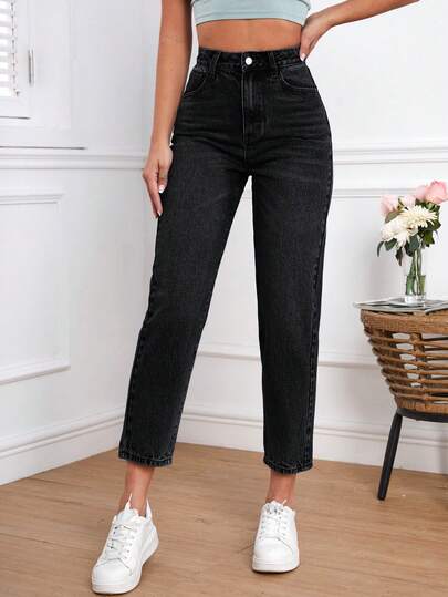 SHEIN Frenchy بنطلون جينز عادي مغسول ذو خصر عالي وقصة ضيقة