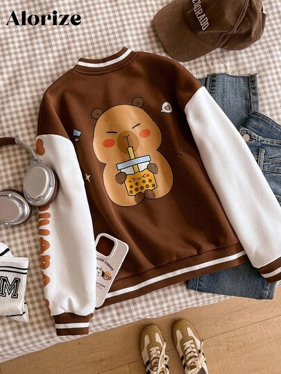 SHEIN جاكيت بيسبول مبطنة بالحرارة للفتيات المراهقات، بنمط كابيبارا الكرتوني المتنوع، مناسبة للمدرسة واليومي والمنزل، للخريف والشتاء