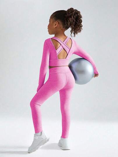 SHEIN طقم شابة مكون من 2 قطعة، توب بأكمام طويلة وتصميم ظهر مفرغ، وبنطلون ضيق ، ملابس كاجوال يومية مناسبة لجميع الفصول