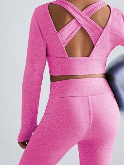 SHEIN طقم شابة مكون من 2 قطعة، توب بأكمام طويلة وتصميم ظهر مفرغ، وبنطلون ضيق ، ملابس كاجوال يومية مناسبة لجميع الفصول