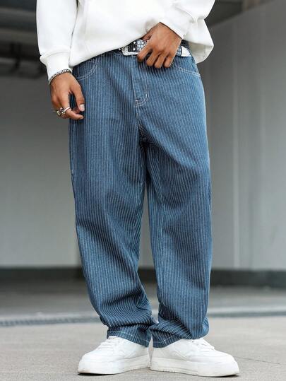 Manfinity Hypemode بنطلون جينز رجالي كاجوال مخطط عمودي متعدد الجيوب، موضة الشارع