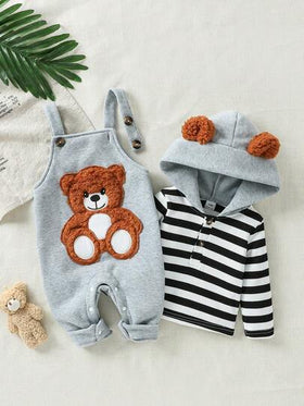 SHEIN Playful Pals طقم ملابس مكون من 2 قطعة للأطفال الرضع والصغار، ملابس علوية بغطاء رأس مخطط بأذنين ناعمة وسروال مطرز بدب، شارة دب كبيرة، ملابس خريفية/شتوية، مناسب للجنسين من حديثي الولادة إلى عمر سنتين