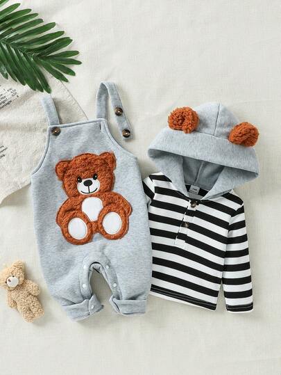 SHEIN Playful Pals طقم ملابس مكون من 2 قطعة للأطفال الرضع والصغار، ملابس علوية بغطاء رأس مخطط بأذنين ناعمة وسروال مطرز بدب، شارة دب كبيرة، ملابس خريفية/شتوية، مناسب للجنسين من حديثي الولادة إلى عمر سنتين