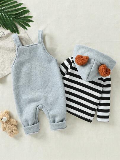SHEIN Playful Pals طقم ملابس مكون من 2 قطعة للأطفال الرضع والصغار، ملابس علوية بغطاء رأس مخطط بأذنين ناعمة وسروال مطرز بدب، شارة دب كبيرة، ملابس خريفية/شتوية، مناسب للجنسين من حديثي الولادة إلى عمر سنتين