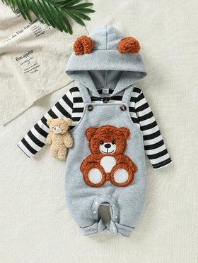 SHEIN Playful Pals طقم ملابس مكون من 2 قطعة للأطفال الرضع والصغار، ملابس علوية بغطاء رأس مخطط بأذنين ناعمة وسروال مطرز بدب، شارة دب كبيرة، ملابس خريفية/شتوية، مناسب للجنسين من حديثي الولادة إلى عمر سنتين