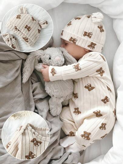 SHEIN مجموعة من قطعتين لطفل حديث الولادة من 0-3 سنوات، جمبسوت طويلة الأكمام مطبوعة بالدب مع قبعة أذن الدب ثلاثية الأبعاد، من قماش محبوك، مناسبة للخريف/الشتاء، للارتداء اليومي، للخروج، للعطلات، ملابس طفل محايدة
