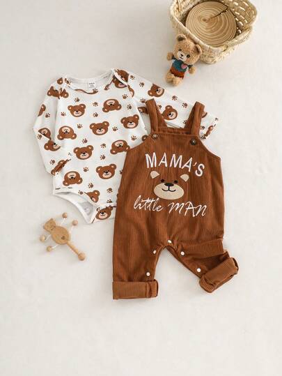 SHEIN Playful Pals مجموعة ملابس طفل ولد مكونة من 2 قطعة، بدلة طويلة الأكمام + سروال بيب، مطرزة بالدب والحرف، بدلة كاجوال كرتونية، بدلة طفل دب بني، ملابس طفل صغير، ملابس طفل ولد حديث الولادة من 1 شهر إلى 18 شهر، ملابس طفل ولد حديث الولادة