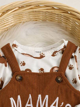 SHEIN Playful Pals مجموعة ملابس طفل ولد مكونة من 2 قطعة، بدلة طويلة الأكمام + سروال بيب، مطرزة بالدب والحرف، بدلة كاجوال كرتونية، بدلة طفل دب بني، ملابس طفل صغير، ملابس طفل ولد حديث الولادة من 1 شهر إلى 18 شهر، ملابس طفل ولد حديث الولادة