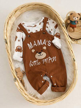 SHEIN Playful Pals مجموعة ملابس طفل ولد مكونة من 2 قطعة، بدلة طويلة الأكمام + سروال بيب، مطرزة بالدب والحرف، بدلة كاجوال كرتونية، بدلة طفل دب بني، ملابس طفل صغير، ملابس طفل ولد حديث الولادة من 1 شهر إلى 18 شهر، ملابس طفل ولد حديث الولادة