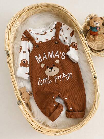 SHEIN Playful Pals مجموعة ملابس طفل ولد مكونة من 2 قطعة، بدلة طويلة الأكمام + سروال بيب، مطرزة بالدب والحرف، بدلة كاجوال كرتونية، بدلة طفل دب بني، ملابس طفل صغير، ملابس طفل ولد حديث الولادة من 1 شهر إلى 18 شهر، ملابس طفل ولد حديث الولادة