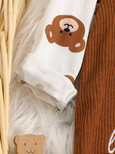 SHEIN Playful Pals مجموعة ملابس طفل ولد مكونة من 2 قطعة، بدلة طويلة الأكمام + سروال بيب، مطرزة بالدب والحرف، بدلة كاجوال كرتونية، بدلة طفل دب بني، ملابس طفل صغير، ملابس طفل ولد حديث الولادة من 1 شهر إلى 18 شهر، ملابس طفل ولد حديث الولادة