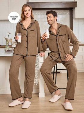 CoupledUp بيجامة رجالية من قطعتين، قميص وبنطلون، من قماش محبك ناعم بتصميم شبكي مزهر بألوان متباينة، ملابس منزلية كاجوال مناسبة للخريف والشتاء