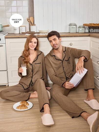 CoupledUp بيجامة رجالية من قطعتين، قميص وبنطلون، من قماش محبك ناعم بتصميم شبكي مزهر بألوان متباينة، ملابس منزلية كاجوال مناسبة للخريف والشتاء