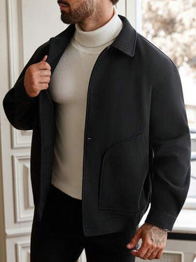 Manfinity Homme معطف طويل الأكمام كاجوال بلون سادة بسيط مع أزرار للرجال كبار الحجم، خريفي