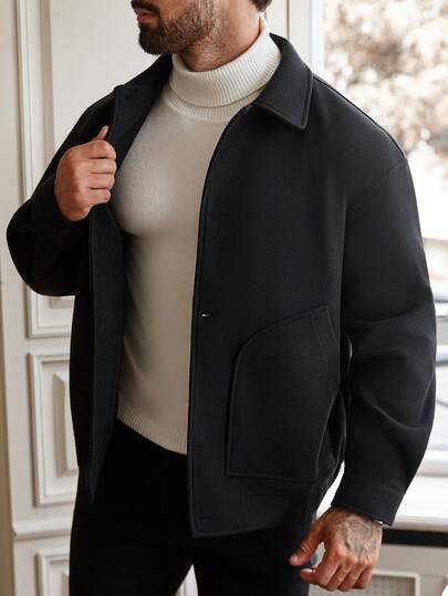 Manfinity Homme معطف طويل الأكمام كاجوال بلون سادة بسيط مع أزرار للرجال كبار الحجم، خريفي