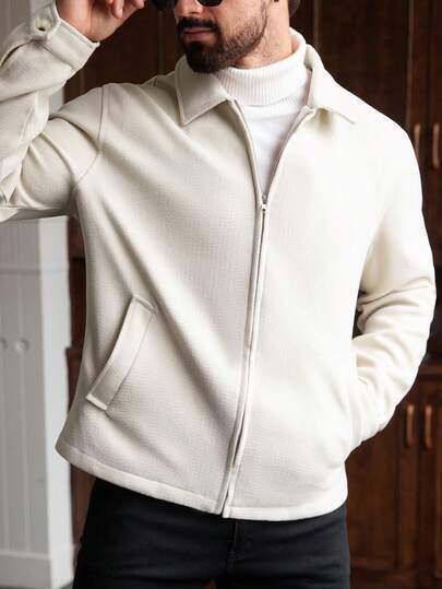 Manfinity Homme معطف كاجوال أنيق بأكمام طويلة وسحاب للرجال كبار الحجم، لون أبيض كريمي، معطف رجالي كريمي للخريف