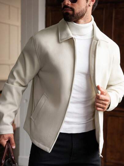 Manfinity Homme معطف كاجوال أنيق بأكمام طويلة وسحاب للرجال كبار الحجم، لون أبيض كريمي، معطف رجالي كريمي للخريف