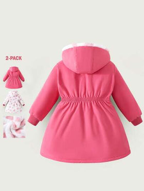 معطف طويل الأكمام مبطن بالفرو القابل للعكس للفتيات المراهقات، قماش منسوج ذو خصر مربوط بحزام، مزود بقلنسوة، مناسب للخريف والشتاء