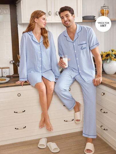 CoupledUp طقم بيجامة رجالي كارديجان مزين بخطوط مجعدة فقاعية