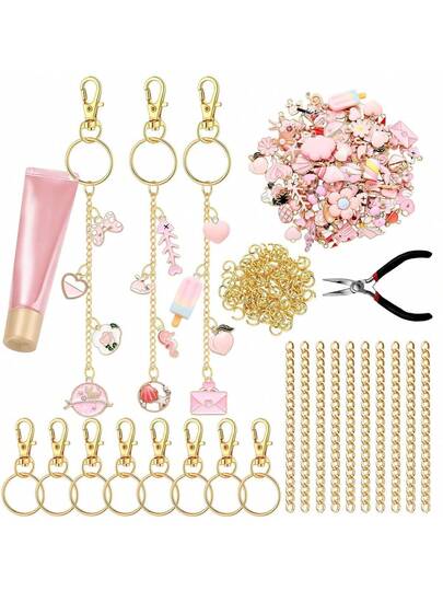 130/65 قطعة طقم صنع سلاسل المفاتيح DIY - حزمة اكسسوارات سلاسل المفاتيح الإبداعية والأنيقة، تشمل قلادة/مشبك/سلسلة امتداد من سبيكة الزنك عشوائية، مجوهرات يدوية DIY منتج إبداعي، مناسب للنساء