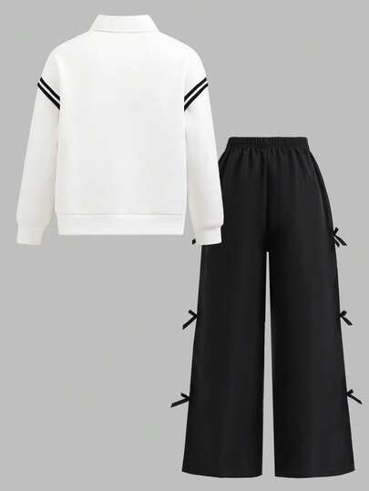 SHEIN بنطلون وبلوزة كاجوال للبنات المراهقات مع تصميم ألوان متباينة وشريطية مع زينة فيونكة، للخريف والشتاء