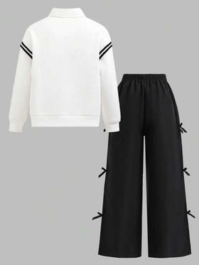 SHEIN بنطلون وبلوزة كاجوال للبنات المراهقات مع تصميم ألوان متباينة وشريطية مع زينة فيونكة، للخريف والشتاء