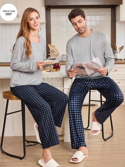 CoupledUp طقم بيجامة رجالي مطبوع بنقشة المربعات، ملابس علوية كم طويل وبنطلون طويل، طقم بيجامة متطابق للأزواج، طقم ملابس منزلية، ملابس خريف وشتاء