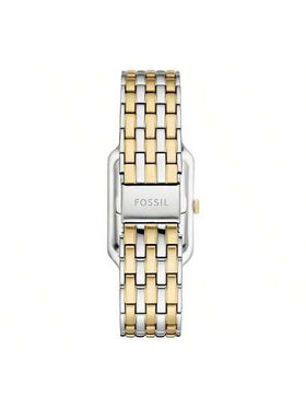 Fossil ساعة يد نسائية فاخرة، ساعة كوارتز مربعة رجعية، سوار من الفولاذ المقاوم للصدأ ثنائي اللون، قرص من صدف الأم، شاشة التاريخ ES5305