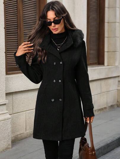 EMERY ROSE معطف أنثوي أسود بسيط بأكمام طويلة وقبعة