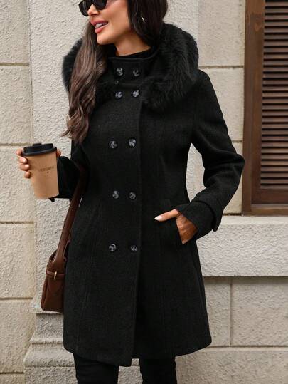 EMERY ROSE معطف أنثوي أسود بسيط بأكمام طويلة وقبعة