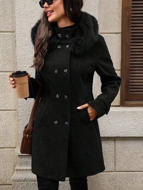 EMERY ROSE معطف أنثوي أسود بسيط بأكمام طويلة وقبعة