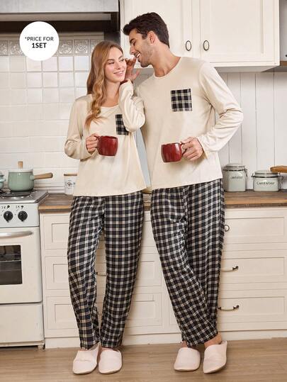 CoupledUp طقم بيجامة رجالي بياقة طاقم وأكمام طويلة مربعات، طقم بيجامات مطابقة للأزواج، ملابس منزلية للأزواج بتصميم البيجامات بنقشة مربعات، ملابس شتوية