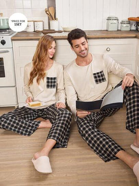 CoupledUp طقم بيجامة رجالي بياقة طاقم وأكمام طويلة مربعات، طقم بيجامات مطابقة للأزواج، ملابس منزلية للأزواج بتصميم البيجامات بنقشة مربعات، ملابس شتوية