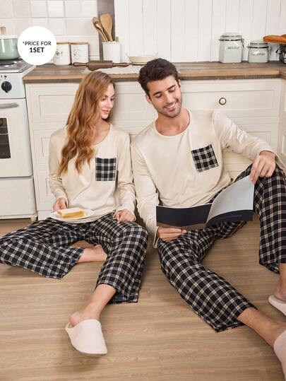 CoupledUp طقم بيجامة رجالي بياقة طاقم وأكمام طويلة مربعات، طقم بيجامات مطابقة للأزواج، ملابس منزلية للأزواج بتصميم البيجامات بنقشة مربعات، ملابس شتوية