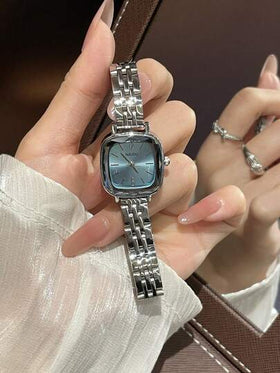 ساعة يد نسائية فاخرة 1 قطعة، مربعة الشكل، قطر صغير، من الفولاذ المقاوم للصدأ بطلاء فضي عتيق، تصميم أنيق وبسيط، ساعة كوارتز مناسبة للارتداء اليومي والمناسبات