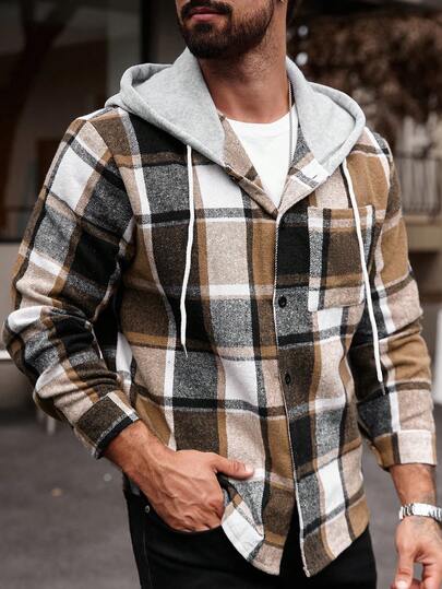 Manfinity Homme قميص رجالي كاجوال كبير الحجم بغطاء رأس مع سحاب، بدون تي شيرت، هدايا للحبيب