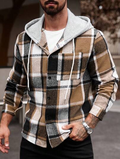 Manfinity Homme قميص رجالي كاجوال كبير الحجم بغطاء رأس مع سحاب، بدون تي شيرت، هدايا للحبيب