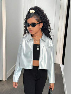 SHEIN جاكيت قصيرة مقصوصة مع سحاب معدني على الصدر بياقة للفتيات المراهقات بأسلوب الشارع الكاجوال