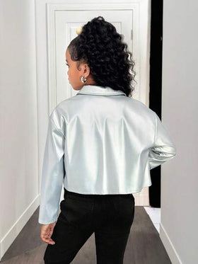 SHEIN جاكيت قصيرة مقصوصة مع سحاب معدني على الصدر بياقة للفتيات المراهقات بأسلوب الشارع الكاجوال