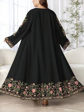SHEIN Najma رمضان عباية عربية كاجوال طويلة الأكمام مطبوعة رقمياً بنقوش الزهور والنباتات للمرأة ذات الحجم الكبير، مناسبة للربيع والخريف