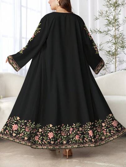 SHEIN Najma رمضان عباية عربية كاجوال طويلة الأكمام مطبوعة رقمياً بنقوش الزهور والنباتات للمرأة ذات الحجم الكبير، مناسبة للربيع والخريف