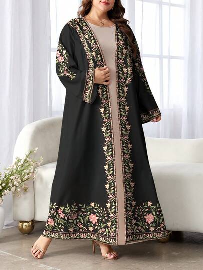 SHEIN Najma رمضان عباية عربية كاجوال طويلة الأكمام مطبوعة رقمياً بنقوش الزهور والنباتات للمرأة ذات الحجم الكبير، مناسبة للربيع والخريف