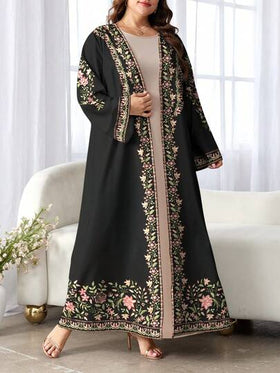 SHEIN Najma رمضان عباية عربية كاجوال طويلة الأكمام مطبوعة رقمياً بنقوش الزهور والنباتات للمرأة ذات الحجم الكبير، مناسبة للربيع والخريف