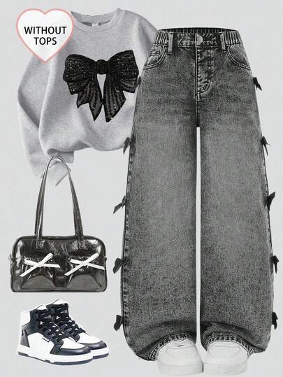 SHEIN بنطلون جينز أزرق فاتح مريح ناعم ذو خصر غير متماثل مهترئ، ملابس كاجوال للمراهقات Y2K، ملابس متعددة الاستخدامات للارتداء اليومي، وصول جديد ربيع/صيف 2025 مع فيونكات، بنطلون جينز رمادي فضفاض مع فيونكات على الملابس