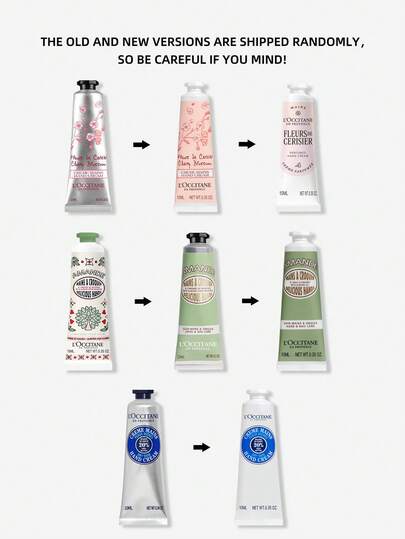 L'Occitane مجموعة كريم اليد الصغيرة من إن بروفانس، 10مل*4 (زبدة الشيا، اللوز، رائحة زهور الكرز الكلاسيكية)، كريم اليد المرطب - مناسب لجميع أنواع البشرة (شحنة عشوائية من الإصدارات الجديدة والقديمة)